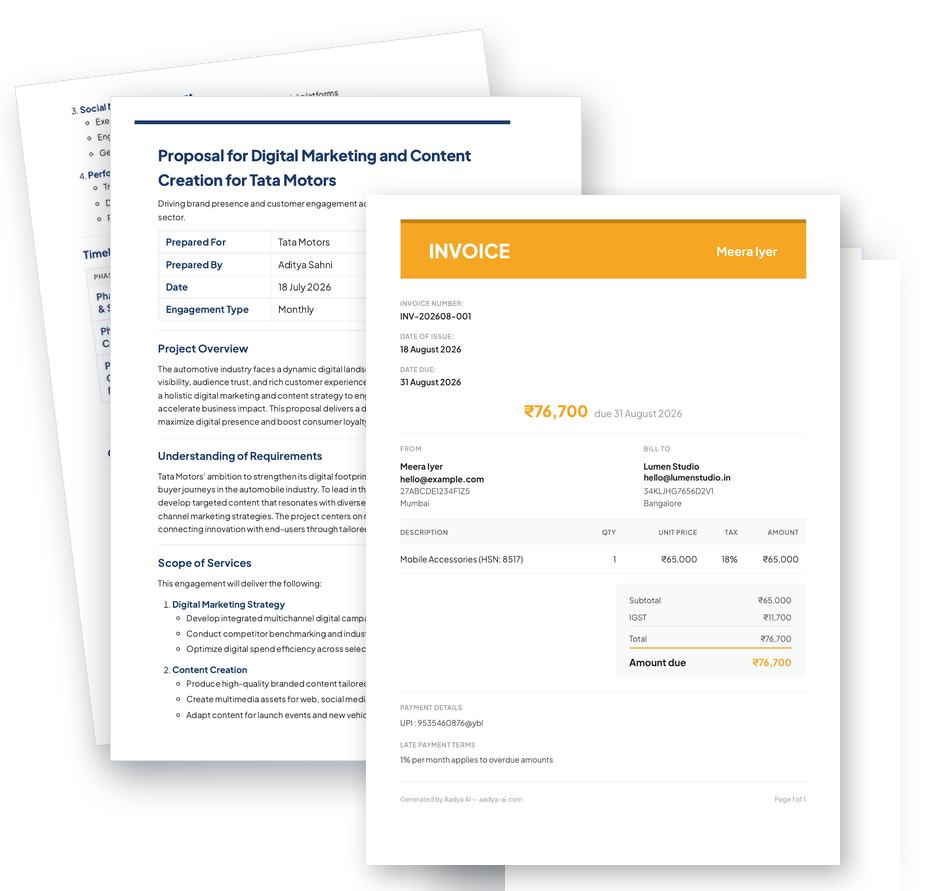 A branded proposal and invoice generated by Aadya AI