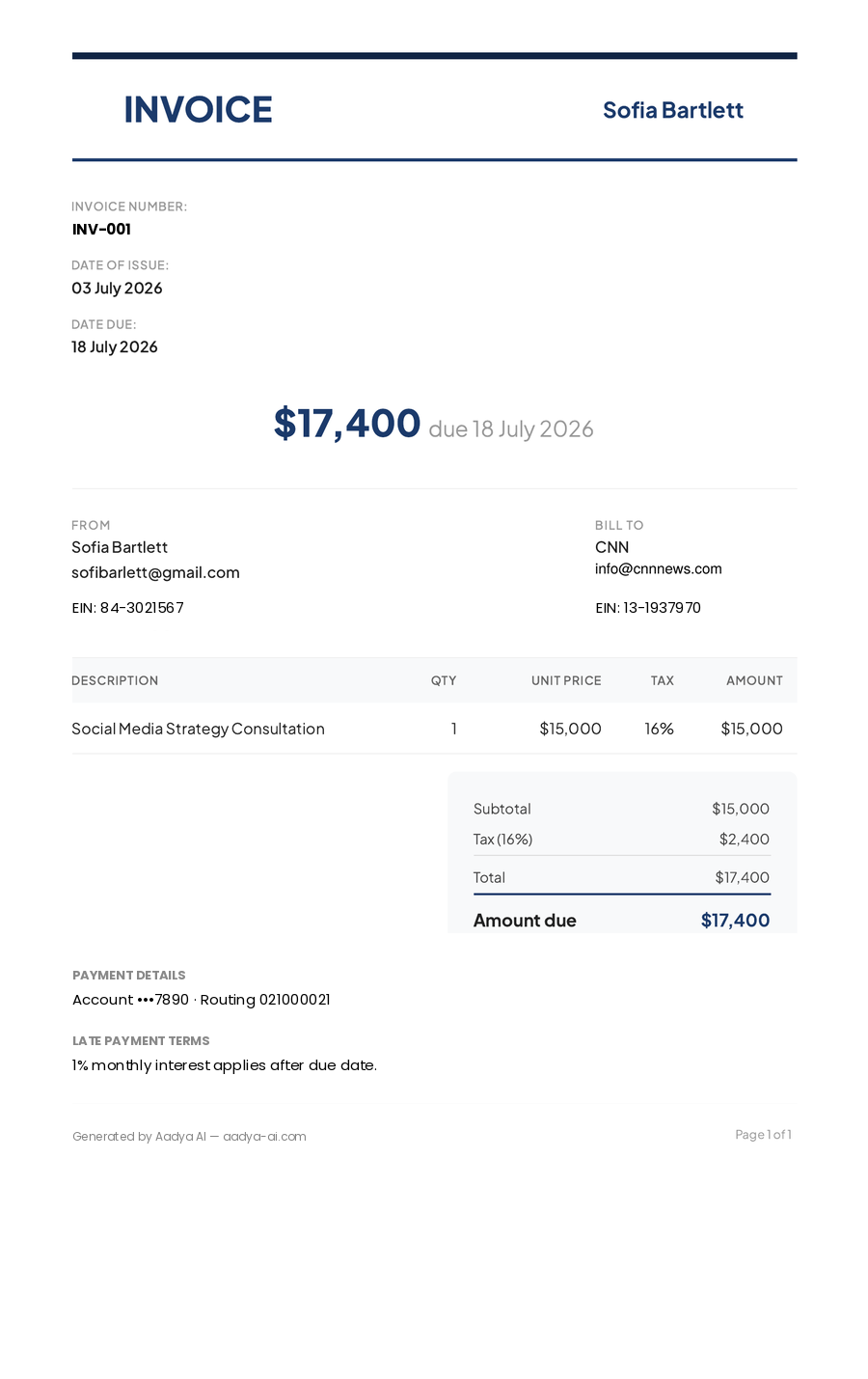 Classic-style invoice template with a traditional layout, itemized services table, GST breakdown and total due