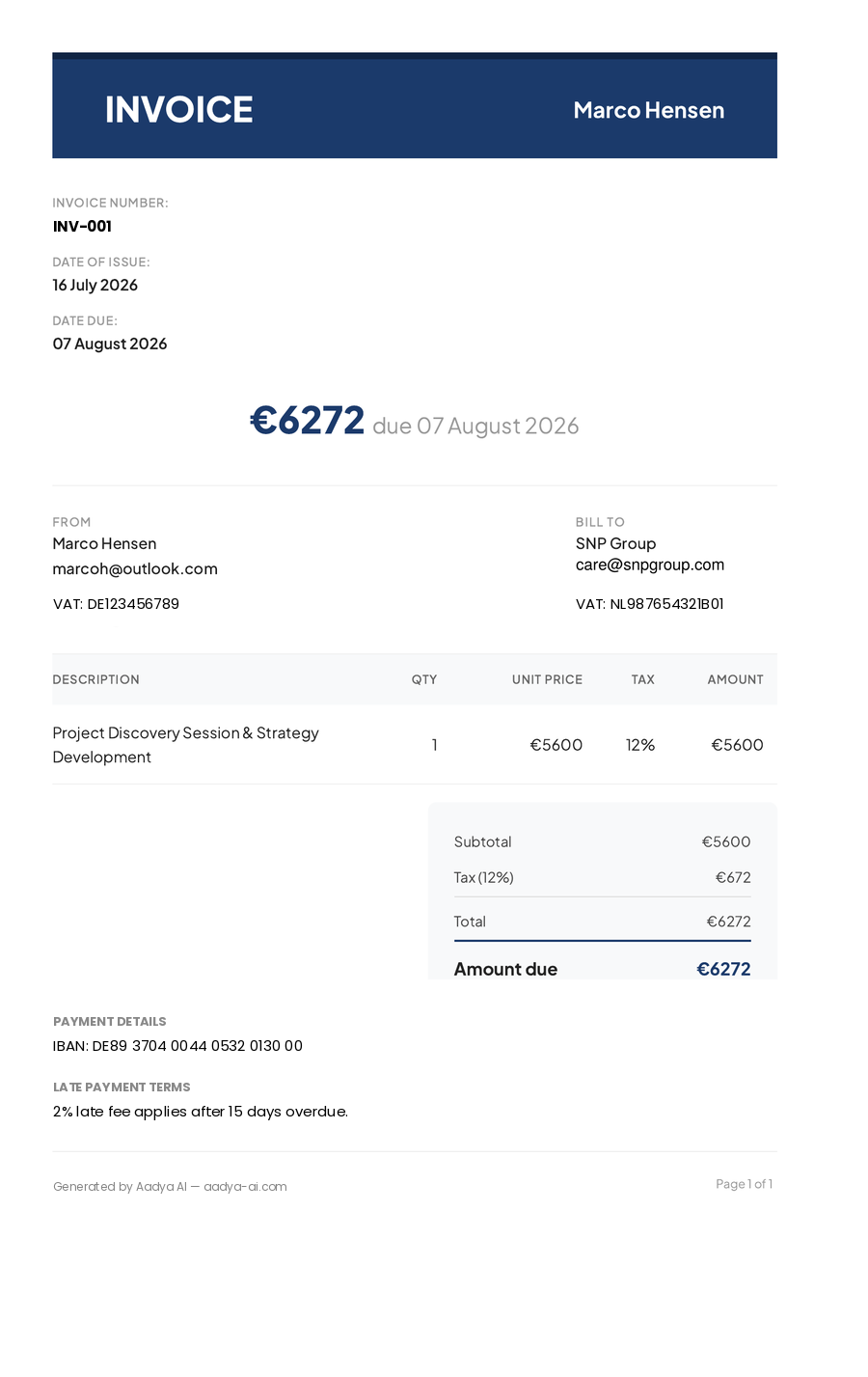 Corporate-style invoice template with a clean navy header, itemized services table, GST breakdown and total due