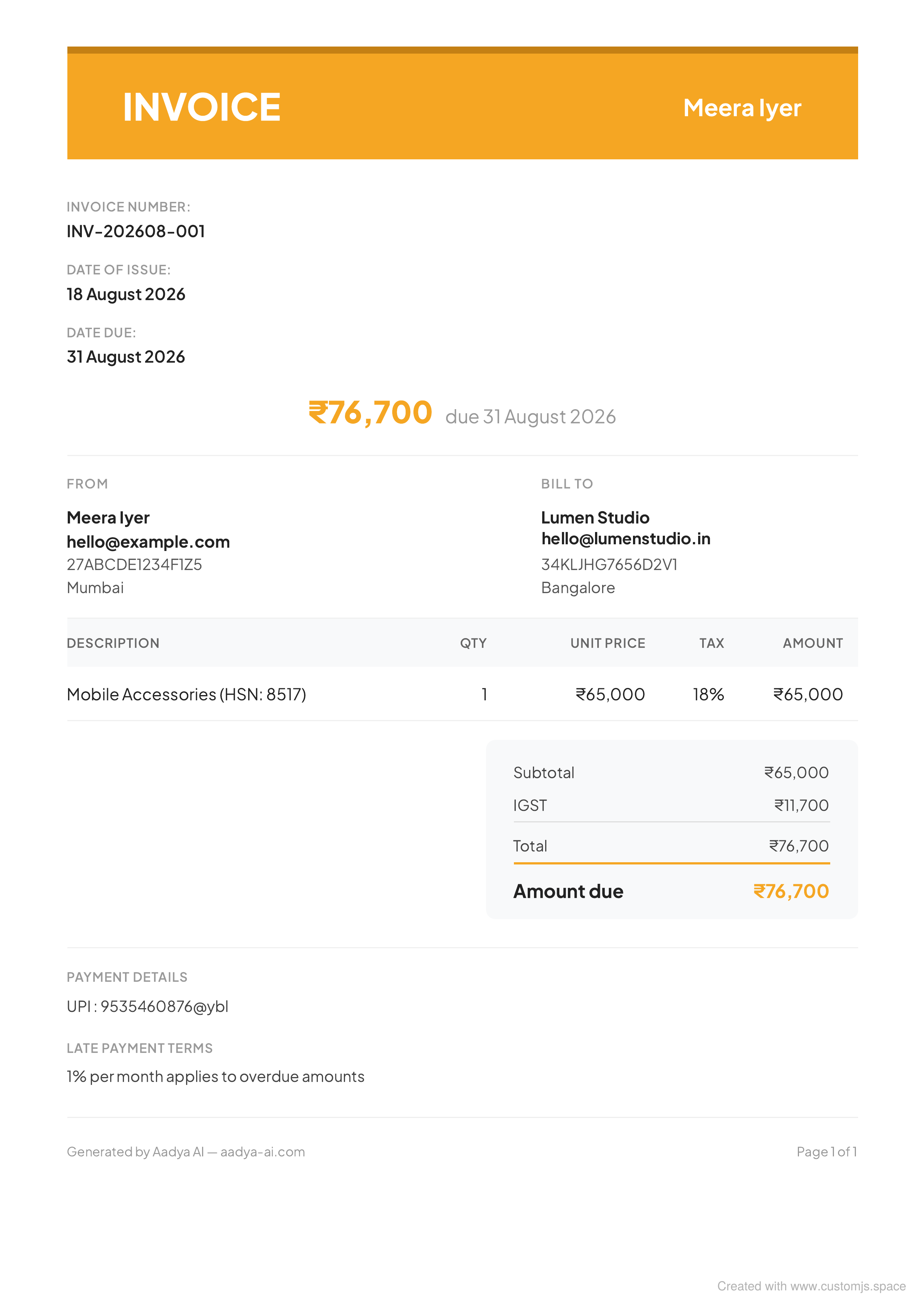Creative-style invoice template with bold branded colors, GSTIN fields, HSN code and IGST breakdown