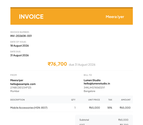 Creative invoice template with GSTIN fields, HSN code and IGST breakdown